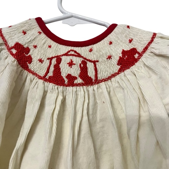 Smocked a lot cream red Nativity smocked bubble romper sz 6m Christmas - Picture 2 of 4
